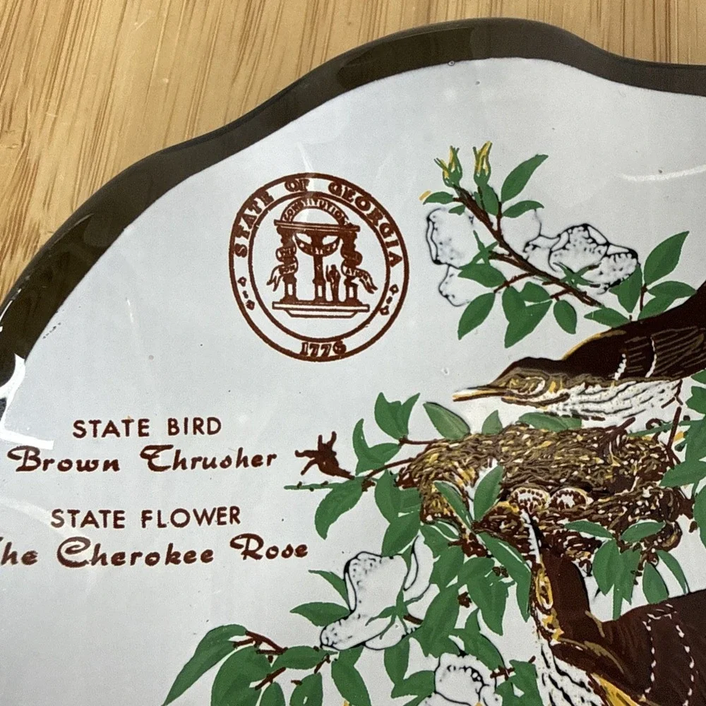 Vintage MCM Enamel Ashtray State Of Georgia Flower And Bird Round 5.5